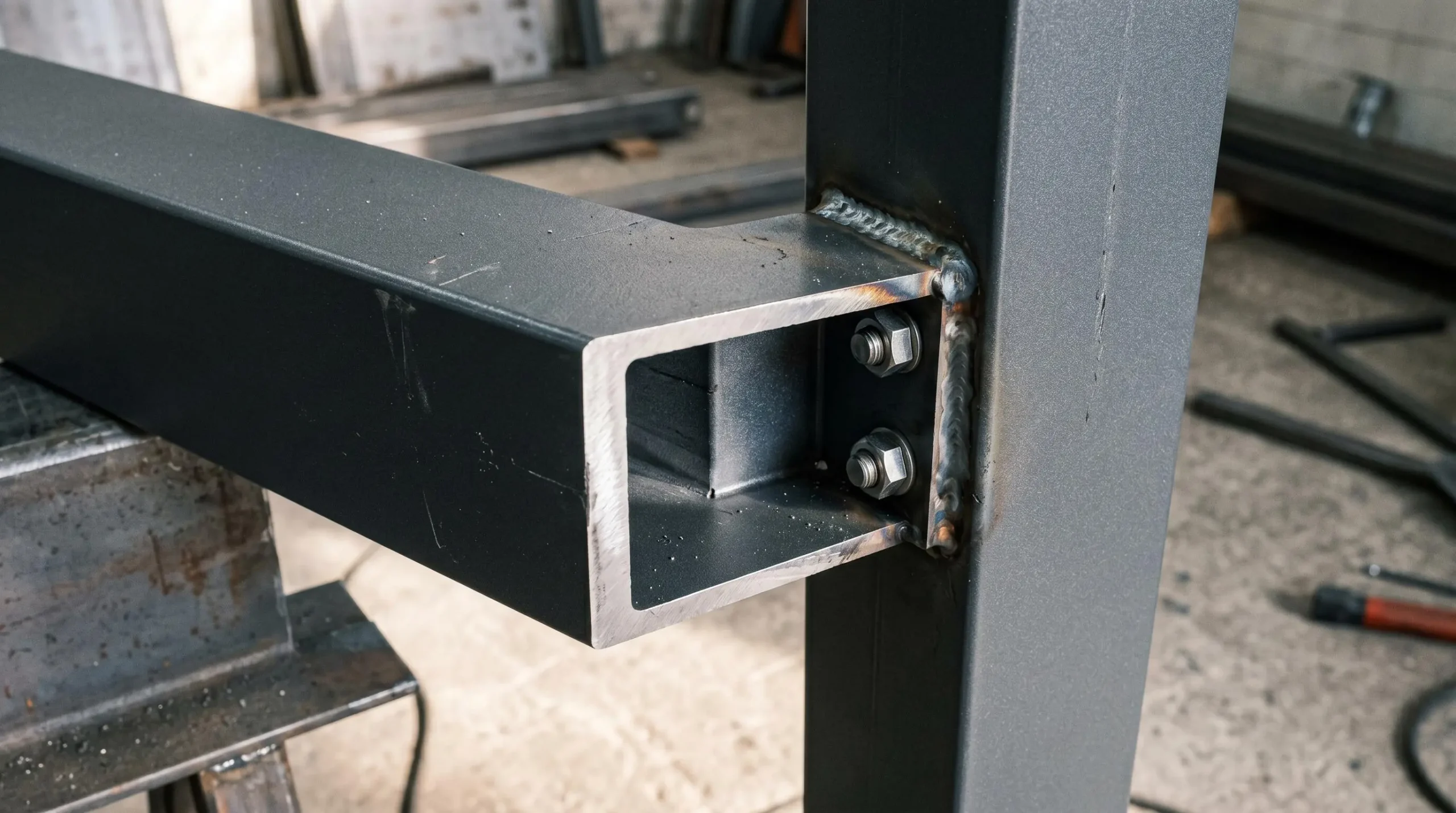Détail gros plan d'un profilé aluminium thermolaqué anthracite montrant la finesse du matériau et la qualité de finition satinée