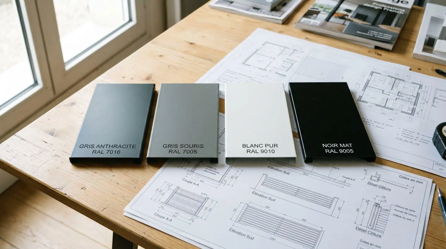 Échantillons physiques RAL disposés sur table de travail montrant les couleurs tendances pour clôtures aluminium : anthracite, gris souris, blanc pur et noir mat