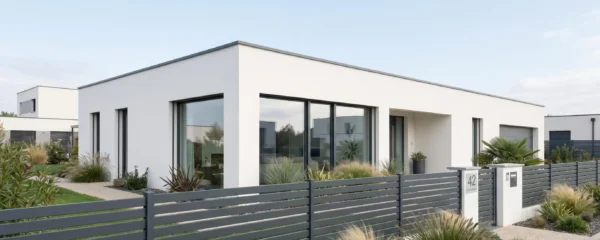 Maison contemporaine française à toit plat avec façade blanche et clôture aluminium anthracite à lames horizontales créant une harmonie architecturale épurée