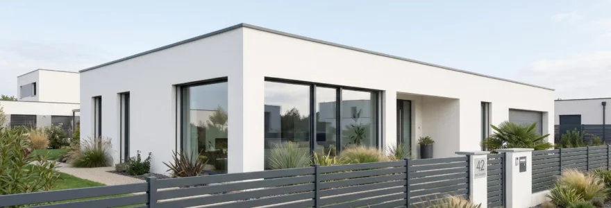 Maison contemporaine française à toit plat avec façade blanche et clôture aluminium anthracite à lames horizontales créant une harmonie architecturale épurée